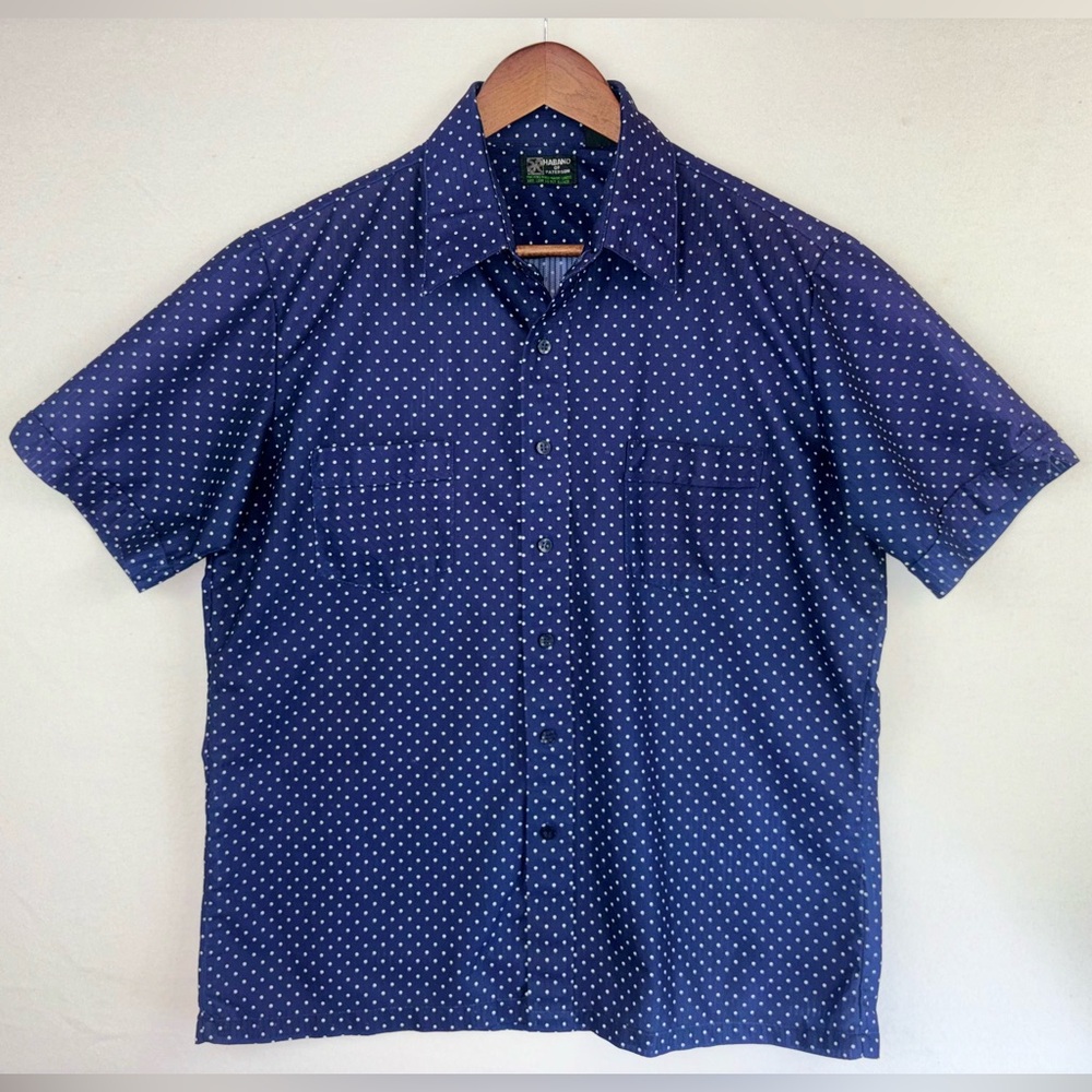 VINTAGE HABAND OF PATERSON Men's Button Up Short Sleeve 70s Blue Dot Large